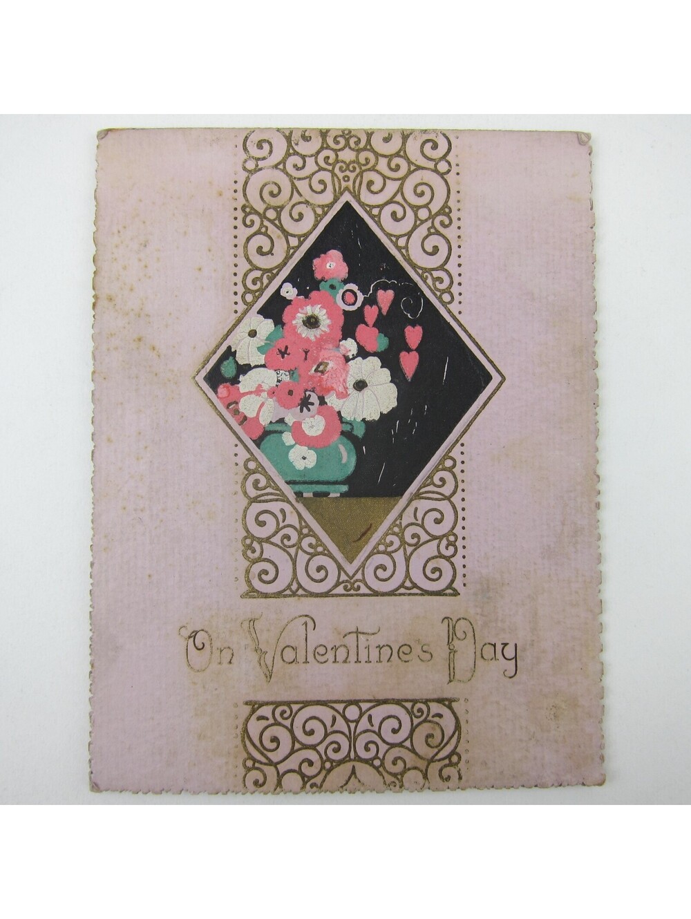 Antique Valentines Day Card Pink & White Flowers Green Vase Gold Accent Art Deco